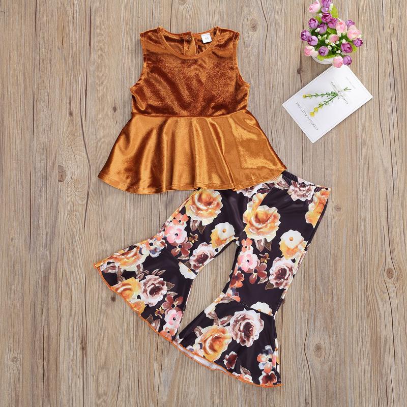 Clothing Sets Toddler Baby Girls Fall Clothes Sleeveless Ruffle Tee Top + Floral Bell-Bottom Pants 2Pcs Outfits Set