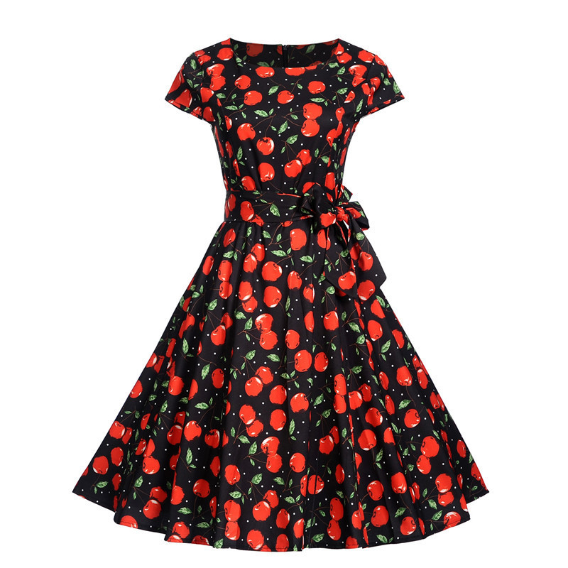 Women Summer Floral Dress 50s Vintage Casual Elegant Print O Neck Party Work Office Dress Retro Rockabilly Vestidos 210406