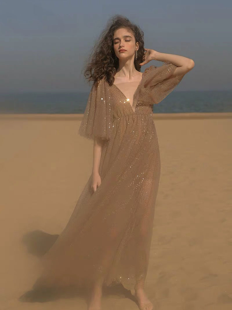 vintage sequined v-neck party A-line mesh dress short butterfly sleeve spring summer dinner dresses vestidos chic paris 210421