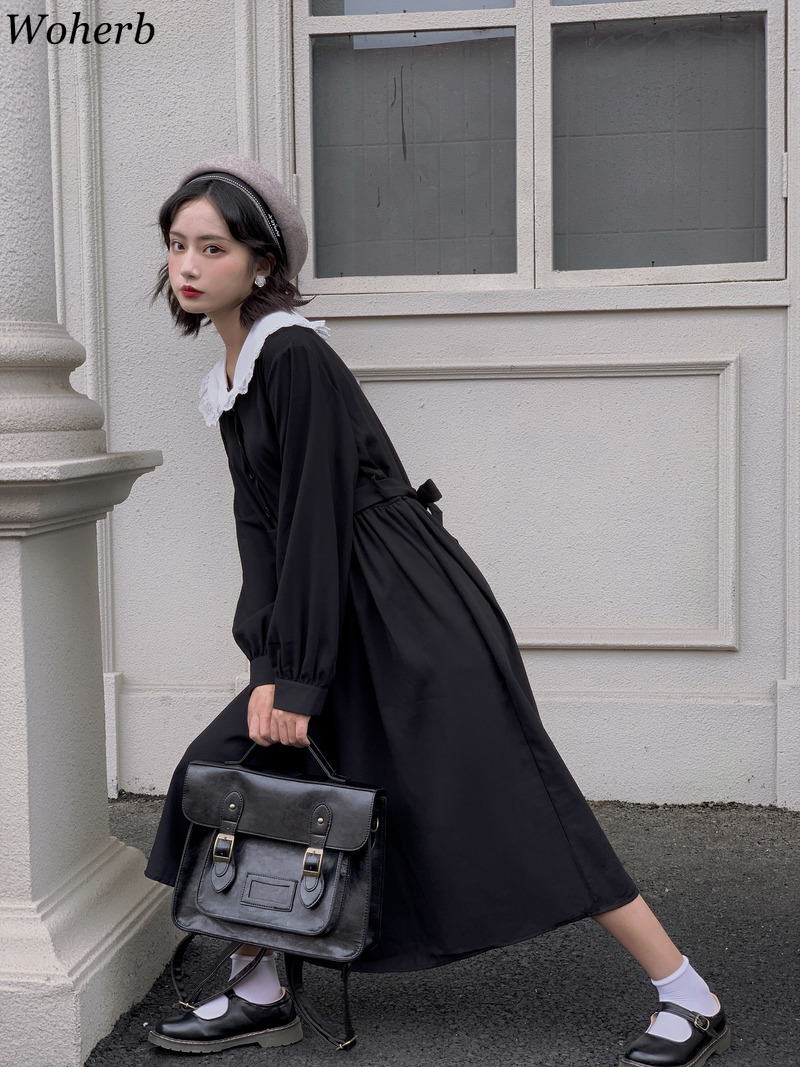 Black Fashion Dress Korean Vintage Slim Waist Long Sleeve Dresses Women Peter Pan Collar Lace Up Vestidos 25383 210519
