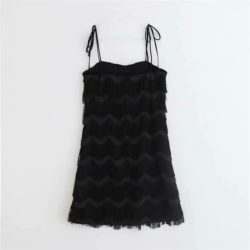 Sexy Women Cascading Tassels Chiffon Dresses Fashion Ladies Sweet Black Strap Dress Elegant Female Chic Mini Vestidos 210430