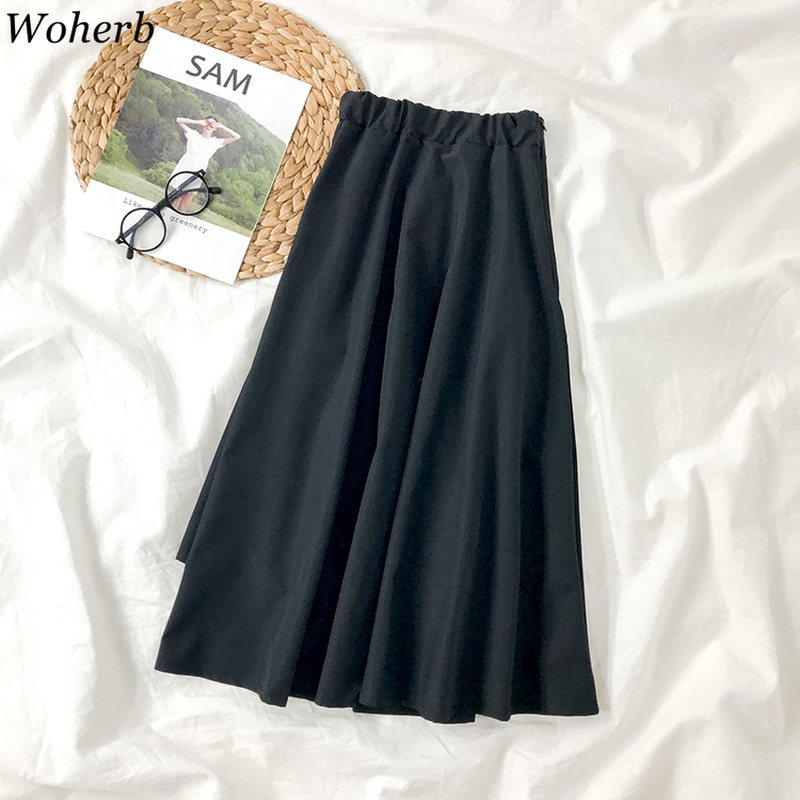 Faldas Mujer Moda Japanese Saia Spring High Waist Irregular A-line Pleated Jupe Solid Big Pocket Mid Length Skirt 210519