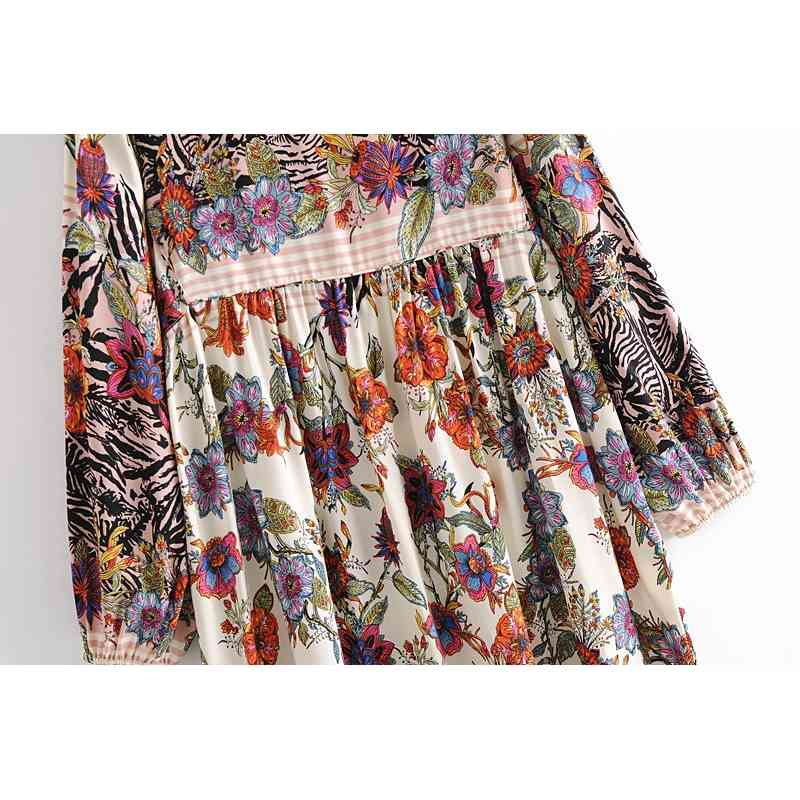 Autumn Boho Style Women's Positioning Vintage Floral Print Tassels Lace-Up Long Sleeve Dress Female Fashion 210514