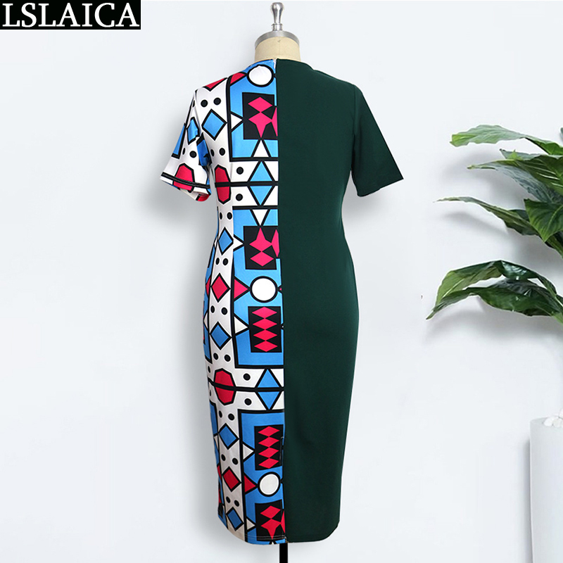 Dress Women Summer Fashion Short Sleeve Patchwork Print Elasticity Female Midi Plus Size Casual Womens Clothing Vestido 210515