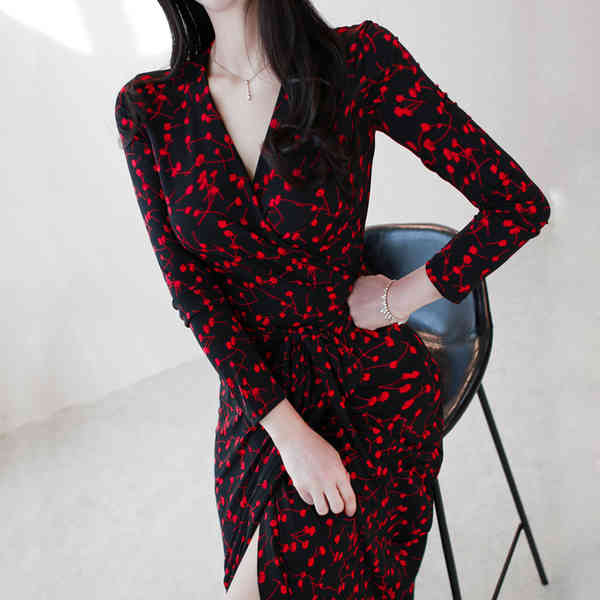 Women Spring Sexy V Neck Slim Floral Print Wrap Split Long Dress Party Office ladies High Waist Beach Maxi Dresses 210519