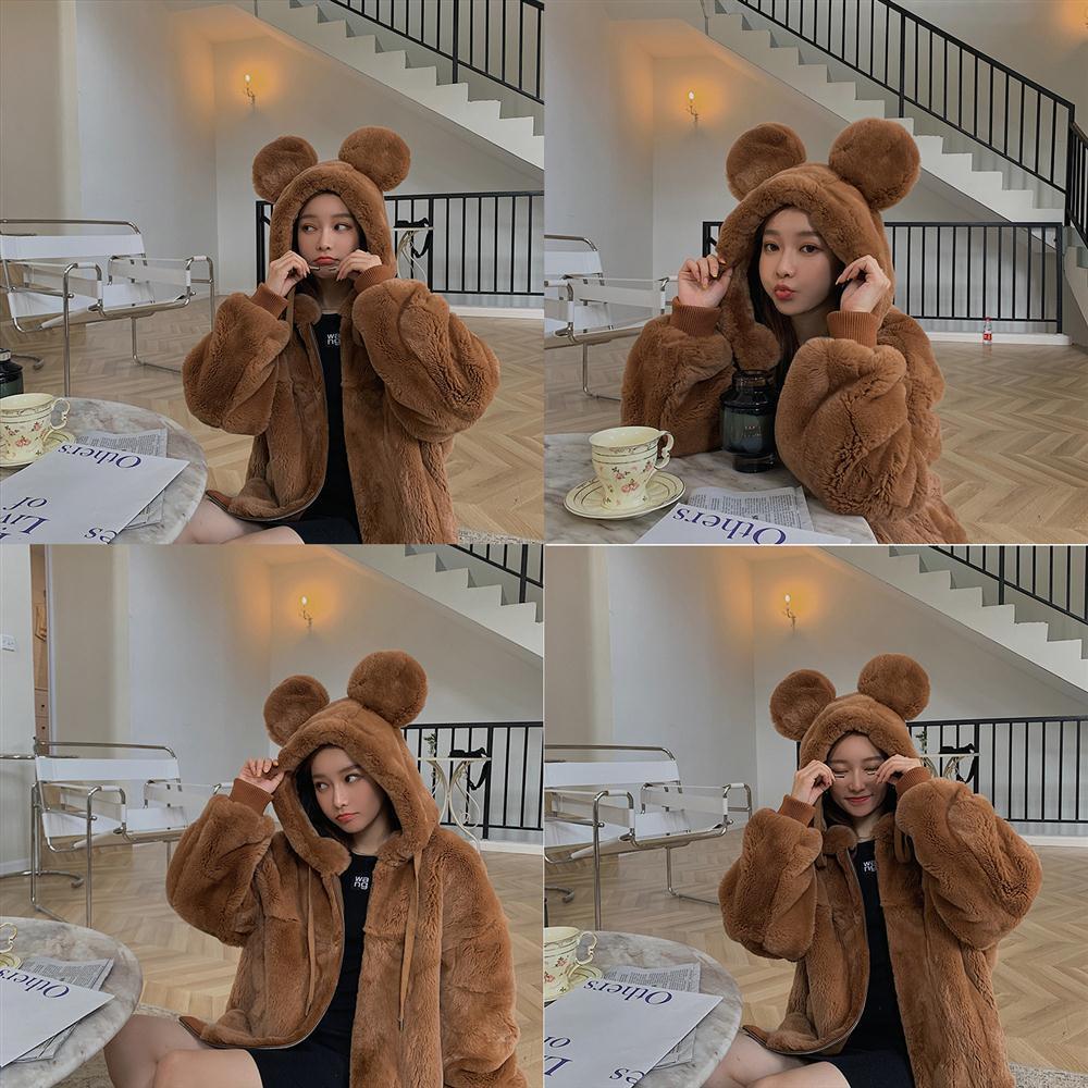 Warm Fur Coat In Winter Lovely Girl Leopard Print Rabbit Ears Vintage Hooded Faux s Thick Outwears 210510