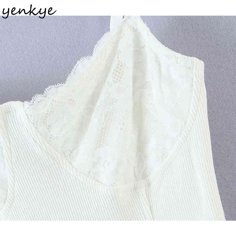 YENKYE Romantic Lace Trim Knit Sling Sexy Dress Women Sleeveless Bodycon Mini Dress Female Summer White Night Out Party Vestido 210515