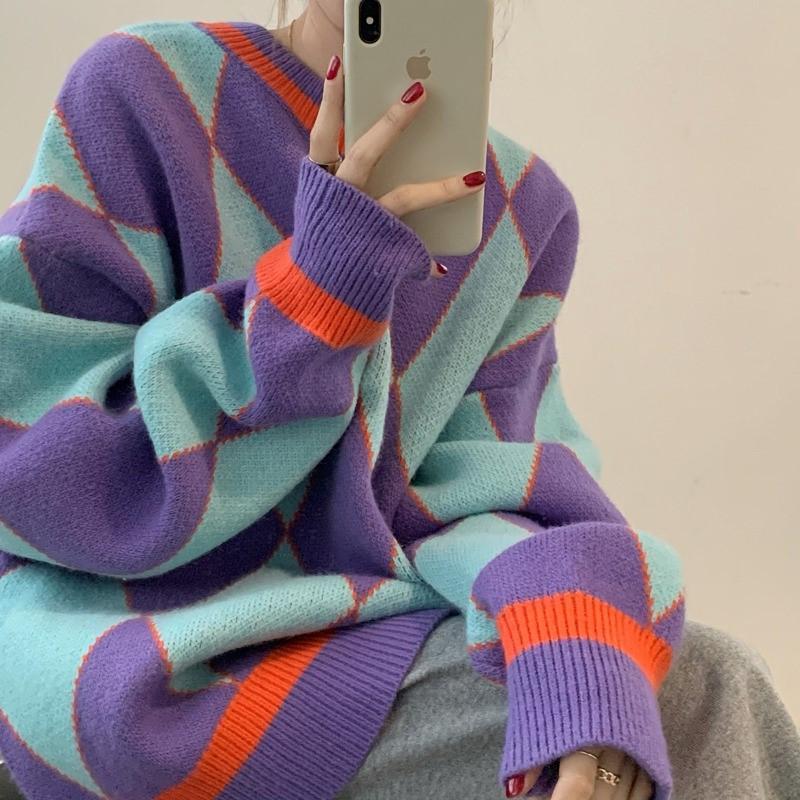 Women's Sweaters Contrast Diamond Check Sweater Pullover Autumn And Winter Loose Retro Lazy Wind Knitted Purple Coat Fashion, White;black
Women's Sweaters Contrast Diamond Check Sweater Pullover Autumn And Winter Loose Retro Lazy Wind Knitted Purple Coat Fashion, White;black