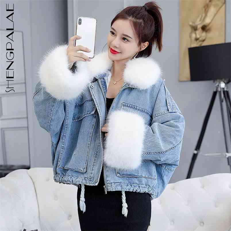 Parka Denim Jacket Women's Winter Fur Collar Big Pocket Long Sleeve Plush Large Size Coat Female 5A1362 210427