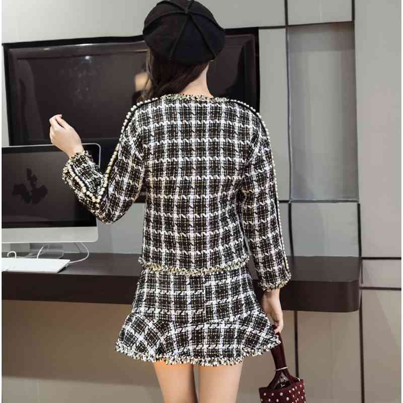 Tweed Plaid Beading Jacket Coat + Autumn / Winter Women's Mermaid Skirt Set Ladies Fashion 2 Piece Suit 210520