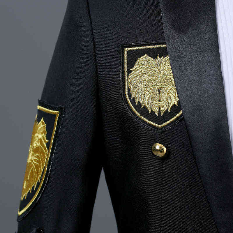 Gold Medal Embroidery Black Suit&Blazer Men Double Breasted Mens Military Blazer Jacket Stage Prom Show Singer Costume Homme Xxl 211120