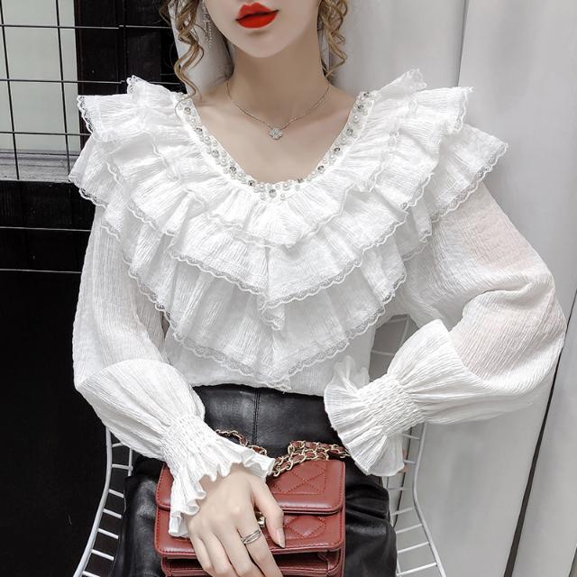 Wonder Spring Fall Korean Style Blouse Sexy Beading Patchwork Lace Ruffles Tops Ropa Mujer Flare Sleeve Shirts 210510
