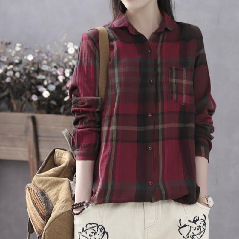 Spring Arts Style Women Long Sleeve Loose Vintage Plaid Shirts All-matched Casual Turn-down Collar Blouse Ladies Tops S661 210512