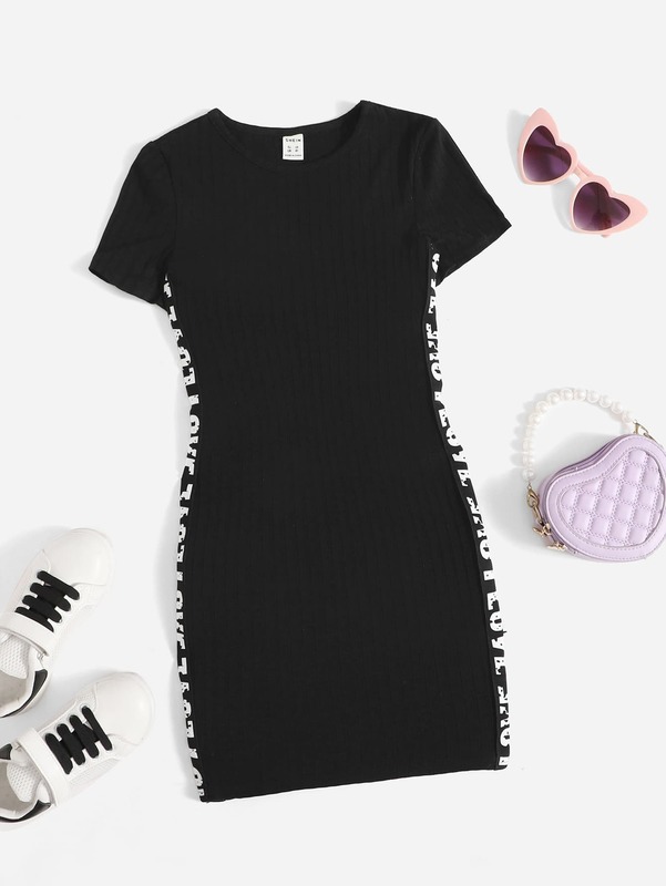 Girls Ribbed Knit Letter Print Tape Side Fitted Dress SHE