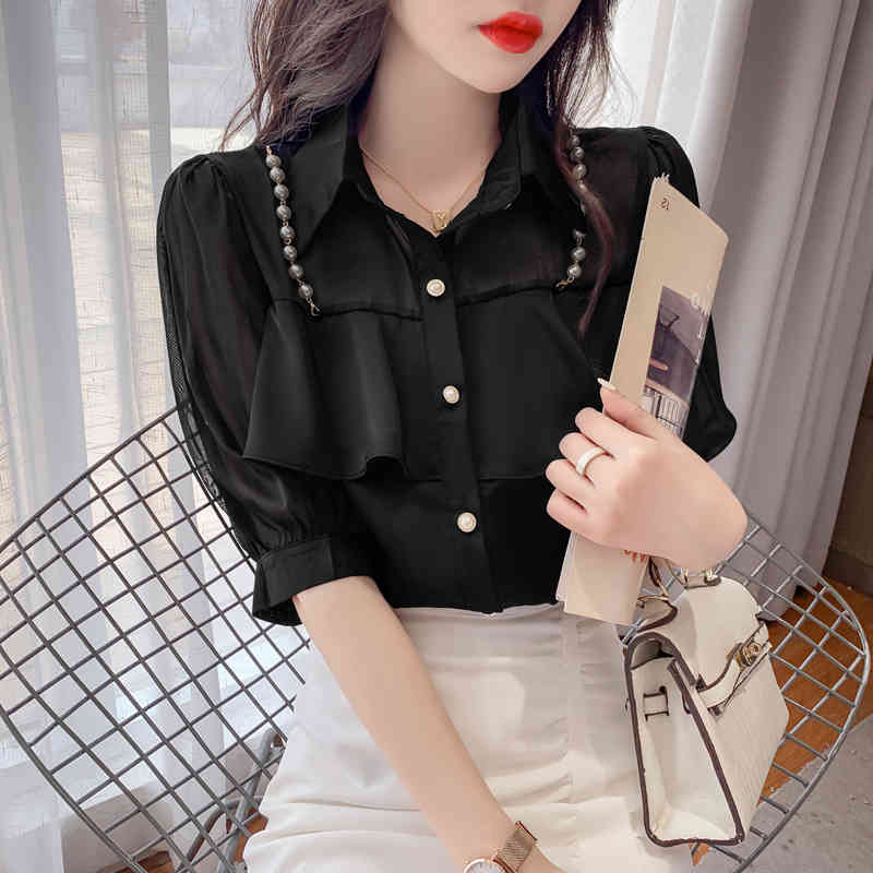 Summer Korean Female Pearl Chain Ruffled Chiffon Stitching Blouse Single Breasted Shirt For Women Fairy Tops 210515