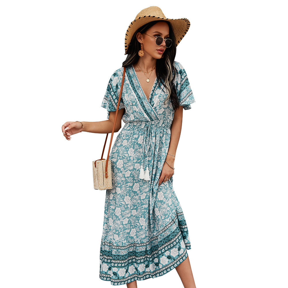 Women long Cotton dress Summer V-Neck short sleeve floral printed bohe style Casual Women's holidays beach Dresses 210524