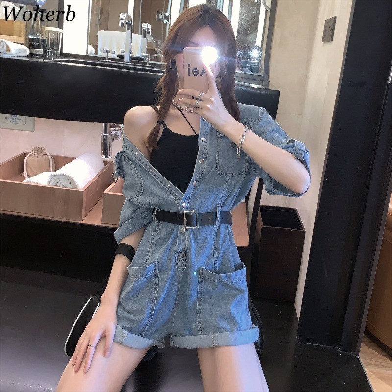 Summer Denim Jumpsuit Streetwear Loose High Waist Playsuit Casual Fashion Rompers Korean Bodysuit Overalls for Women 210422