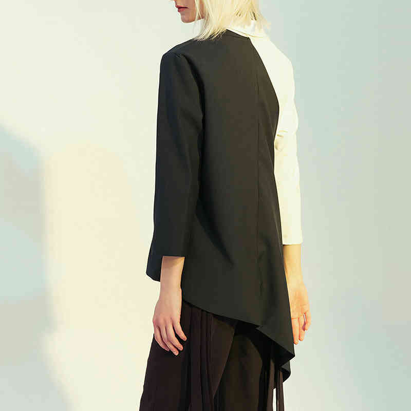 VGH asymmetrical patchwork hit color blazer for women lapel long sleeve irregular hem slim womens suit spring fashion 210421