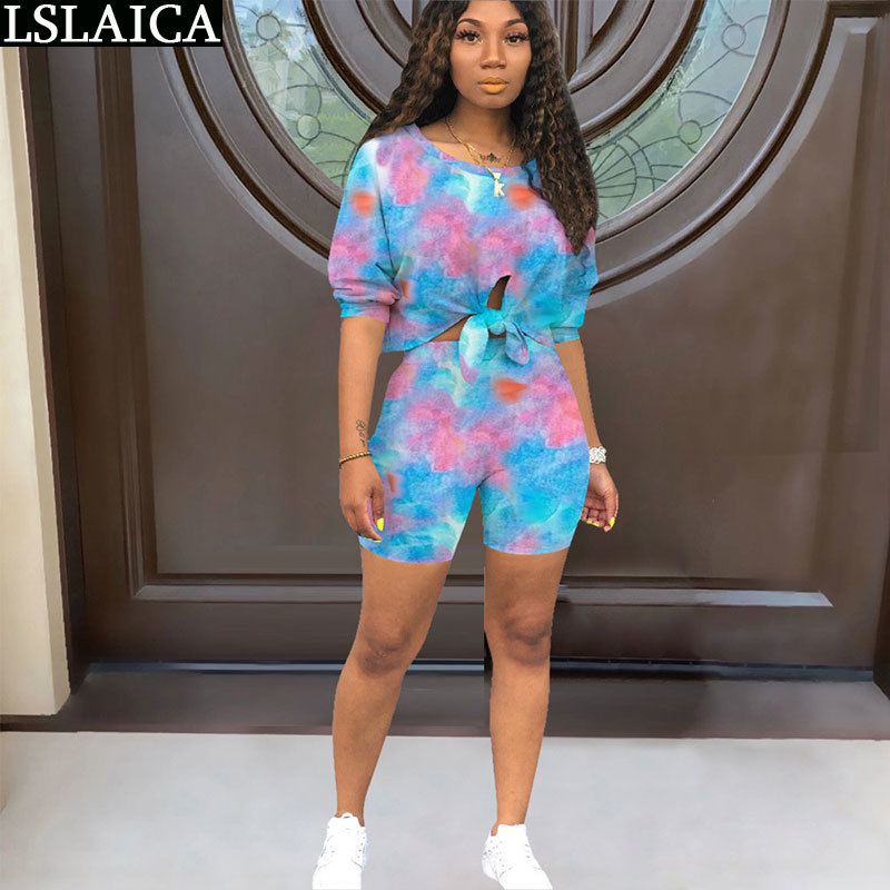 Two Piece Outfits Round Neck Top Short Pant Tie Dye Set Causal Criss-Cross Plus Size Homewear Tracksuit Ensemble Femme 2 Pieces 210520