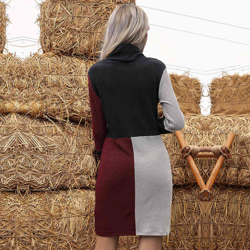 Autumn Winter Patchwork Knitted Dress Women Casual Turtleneck Full Sleeve Slim Dress For Women New Fashion 210413