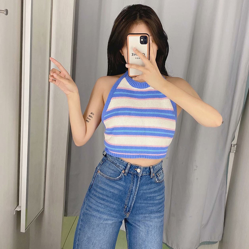 Vintage Striped Knitted Short Tank Top Women Sexy Party Backless Hater Crop Tops Fashion Streetwear Bow Vest 210521