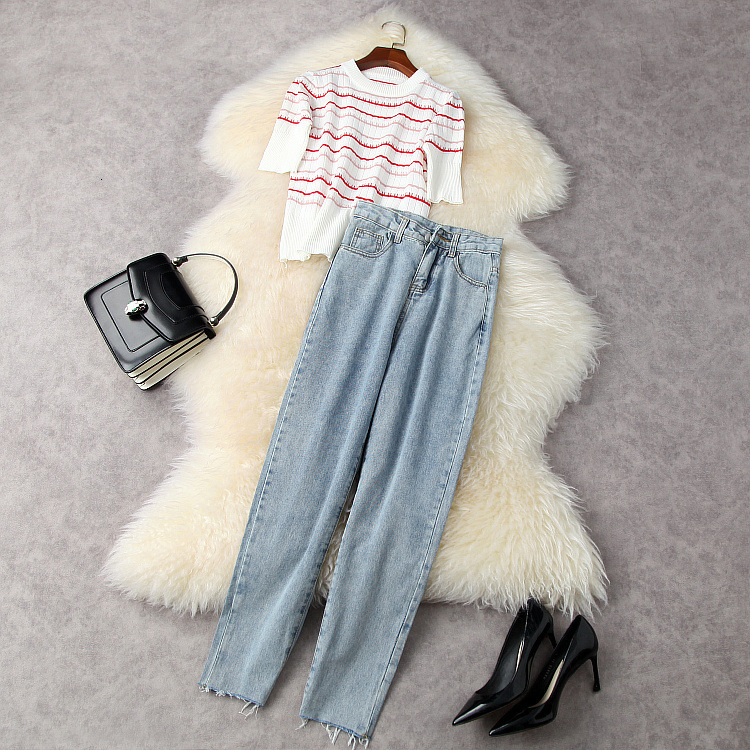 Women's Two Piece Pants European and American women's wear for spring Short sleeved striped sweater A pair of jeans Fashion suits 0G72, Blue
Women's Two Piece Pants European and American women's wear for spring Short sleeved striped sweater A pair of jeans Fashion suits 0G72, Blue