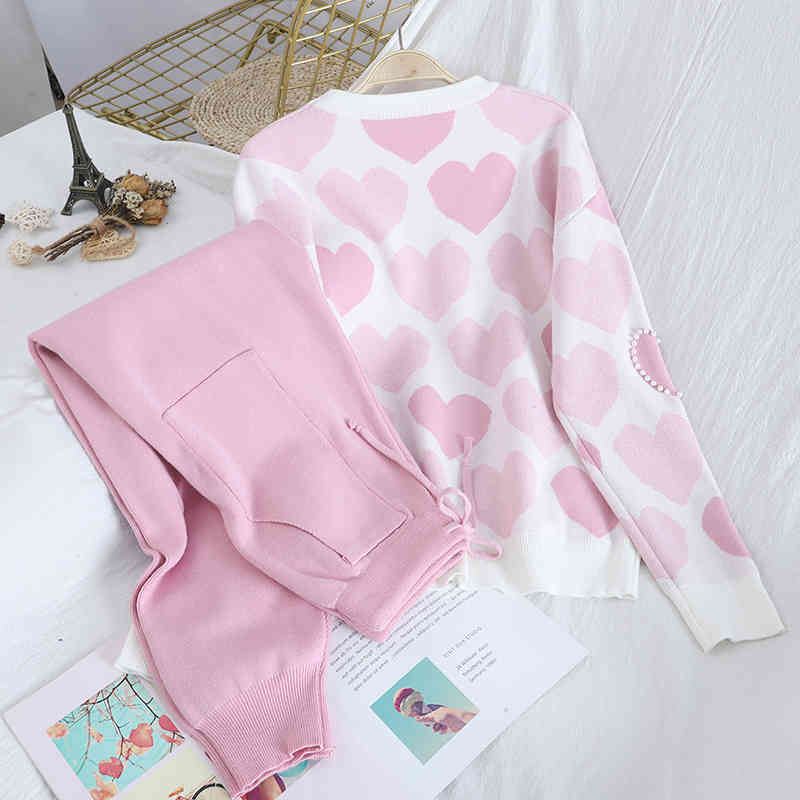 Autumn Winter Sweet Love Print Beads Pullover Top Sweater + High Waist Double Pockets Knitted Pants Two piece Set for Women 210506