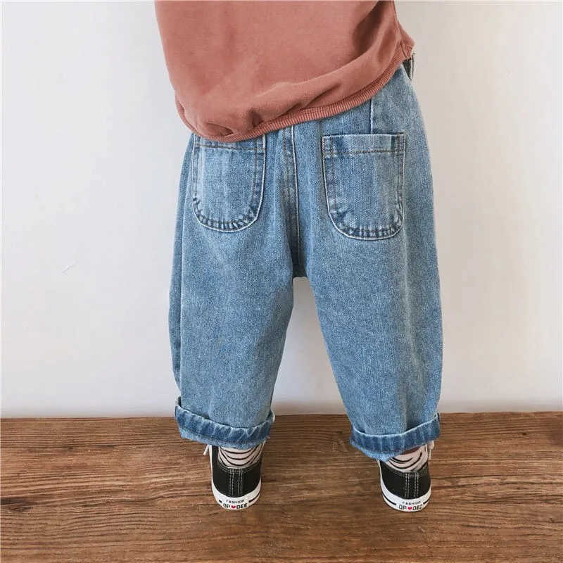 spring autumn boys girls pocket loose denim pants 1-6 years toddler kids casual all-match jeans 210615