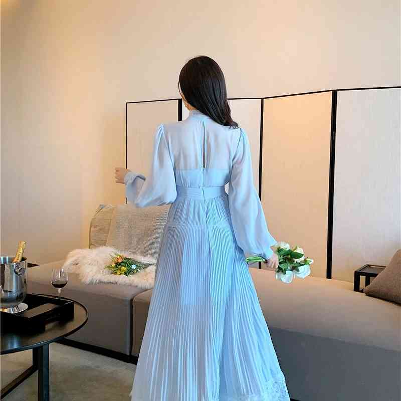 Arrival Autumn Vintage Elegant Chiffon Lace Long Dress Women Sleeve Bowknot Collar Pleated Dresses Vestidos 210520