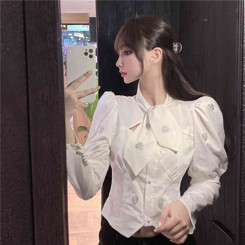 Nomikuma Women Blouse Autumn Winter Diamonds Tie Top Shirts Korean Causal Puff Sleeve Short Tops Femme Blusas Mujer 6D698 210427