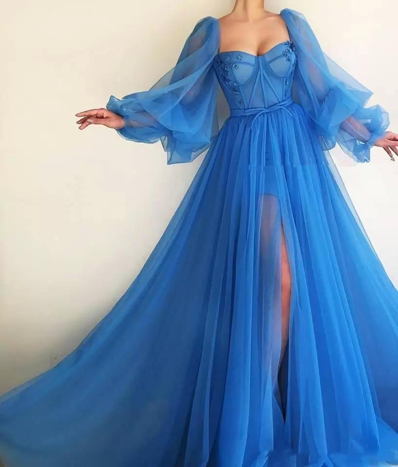 Blue Sexy A Line Prom Dress Sweetheart Long Sleeves Tulle High Side Split Long Formal Sexy Special Occasion Dresses Pleated Formal Evening Party Gowns