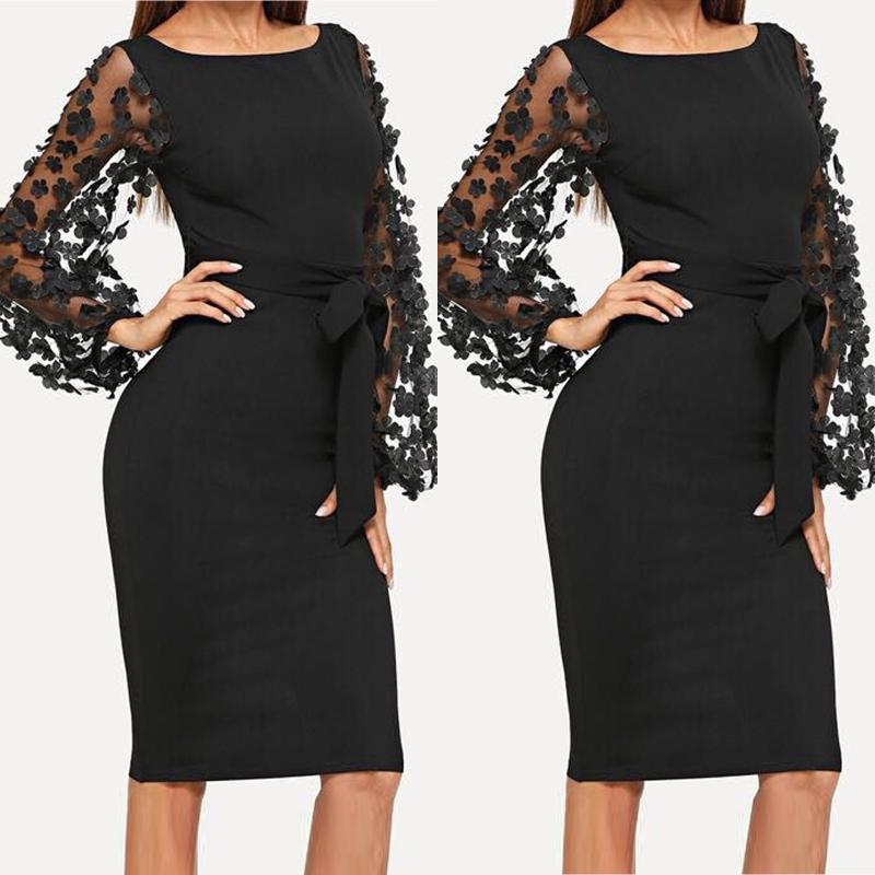 Women Sexy Boho Dress Slim Cross Applique Contrast Mesh Sleeve Tight Belt Casual Beach Summer Party Dresses
