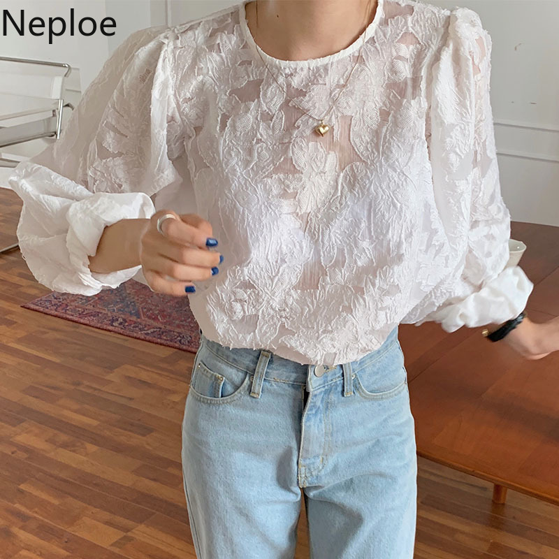 Neploe Korean Chic Blouses Women O-neck Lantern Sleeve See Through Shirt Tops Floral Lose Elegant White Blouse Blusas Mujer 210422