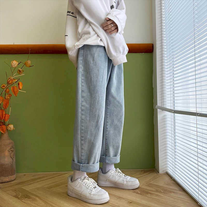 Jeans women's simple Harajuku winter plus velvet thickened high waist thin all-match straight wide-leg loose old pants hip hop 210526