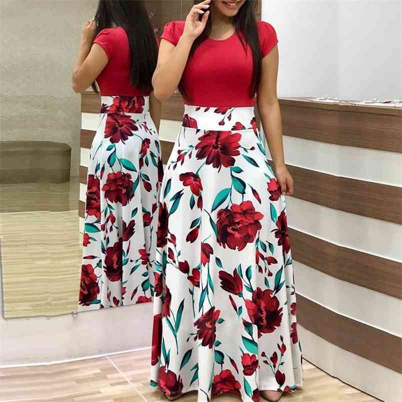 Vintage Floral Print Long Dress Women Summer Casual O Neck Short Sleeve Robe Elegant Ladies Tunic Maxi Plus Size S-5XL 210522