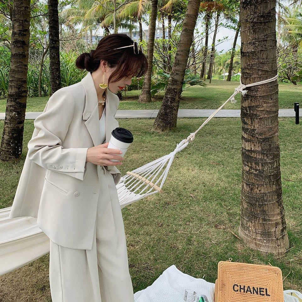 Bella Women Office White Suit Two-Piece Pantsuit Elegant Blazer Female Set Casual Loose Pants Jacket Work Clothes 211007