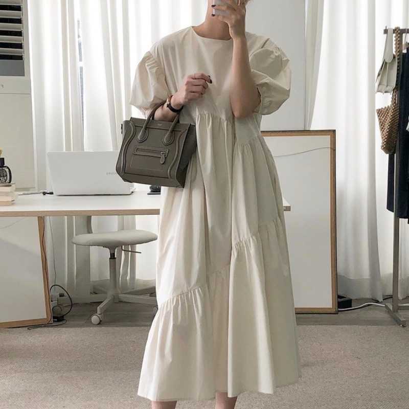 VANOVICH Korean Chic Summer Solid Color Loose Lotus Leaf Side Short Sleeve Dress Temperamental Long Women 210615Z