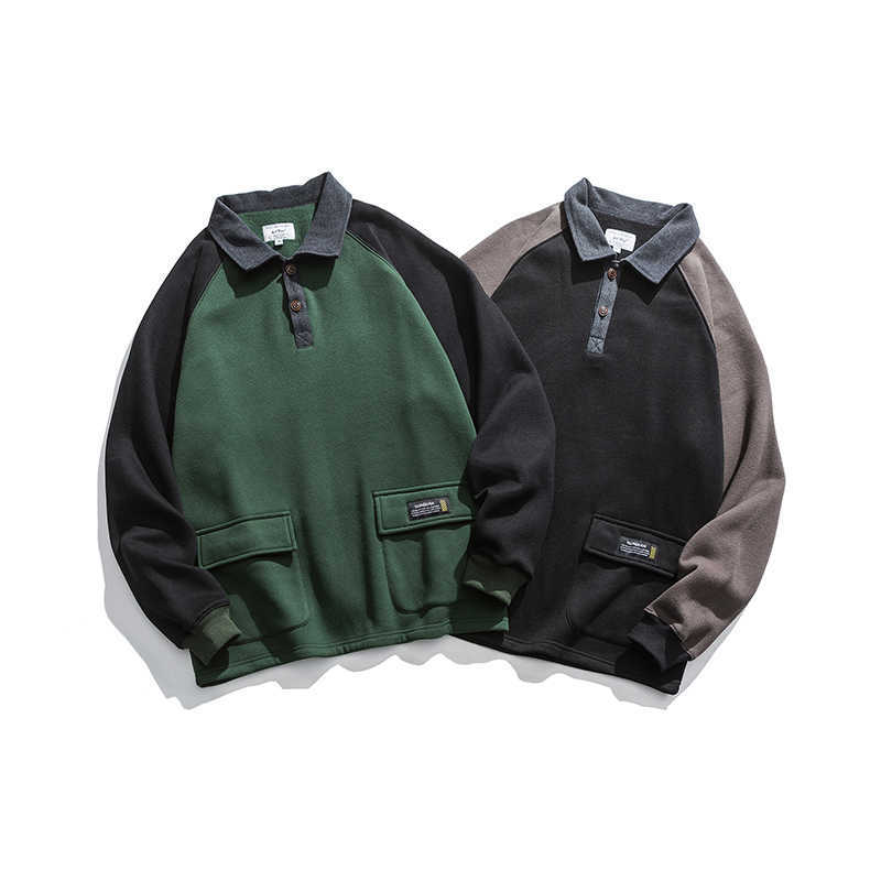 Autumn Japanese Sweatshirt Mens Black Campus Pullover Streetwear Casual Fashion Turndown Collar High Quality Cotton Jacket 210603