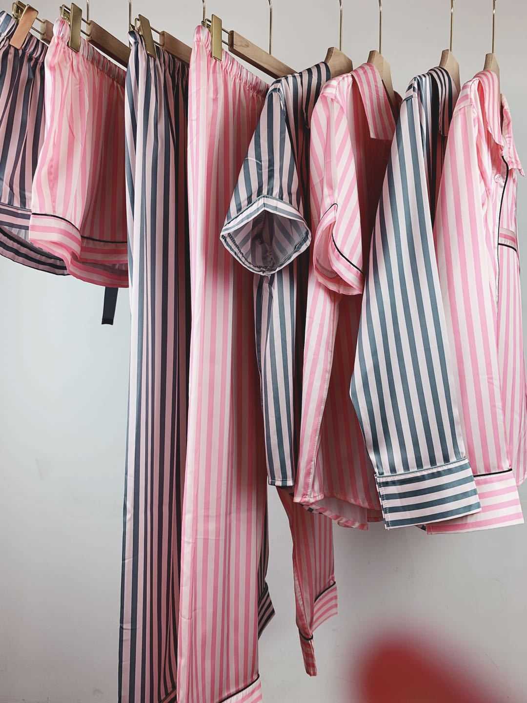Pink 2 Pieces Pajamas Sets Faux Silk Striped Pyjama Sleepwear Spring Summer Homewear 210809