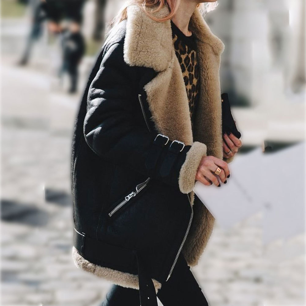 Faux Shearling Sheepskin Coats Women Thick Suede Jackets Autumn Winter Lambs Wool Short Motorcycle Windbreaker 210428