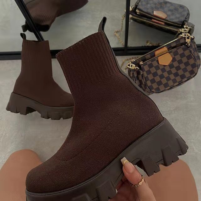 2022 Autumn Winter New Couple Socks Shoes Women Thick-soled Casual Large Size Net Red Knitted Short Boots Women botas de mujer, Dark brown 
2022 Autumn Winter New Couple Socks Shoes Women Thick-soled Casual Large Size Net Red Knitted Short Boots Women botas de mujer, Dark brown