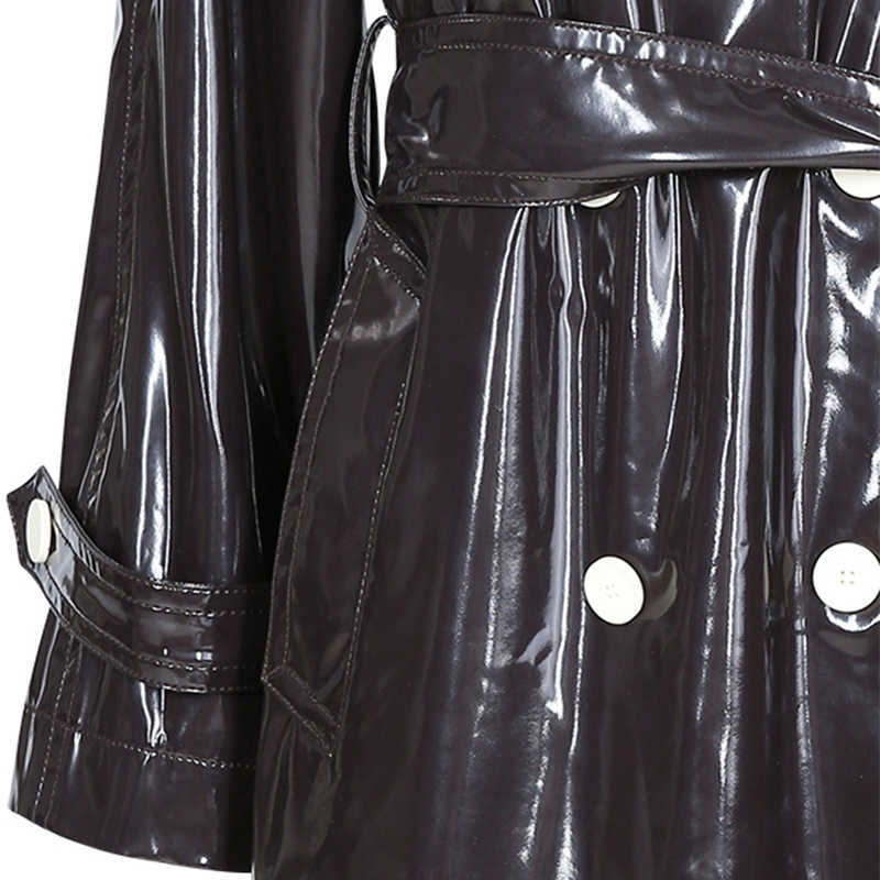 Nerazzurri Long waterproof black patent leather trench coat for women double breasted iridescent oversized leather coat 7xl 210908