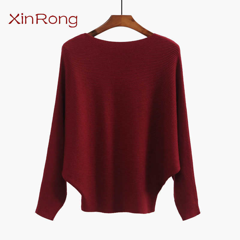European and American female spring and autumn models female knit sweater, one-way collar bat sleeve pullover loose sweater 210602