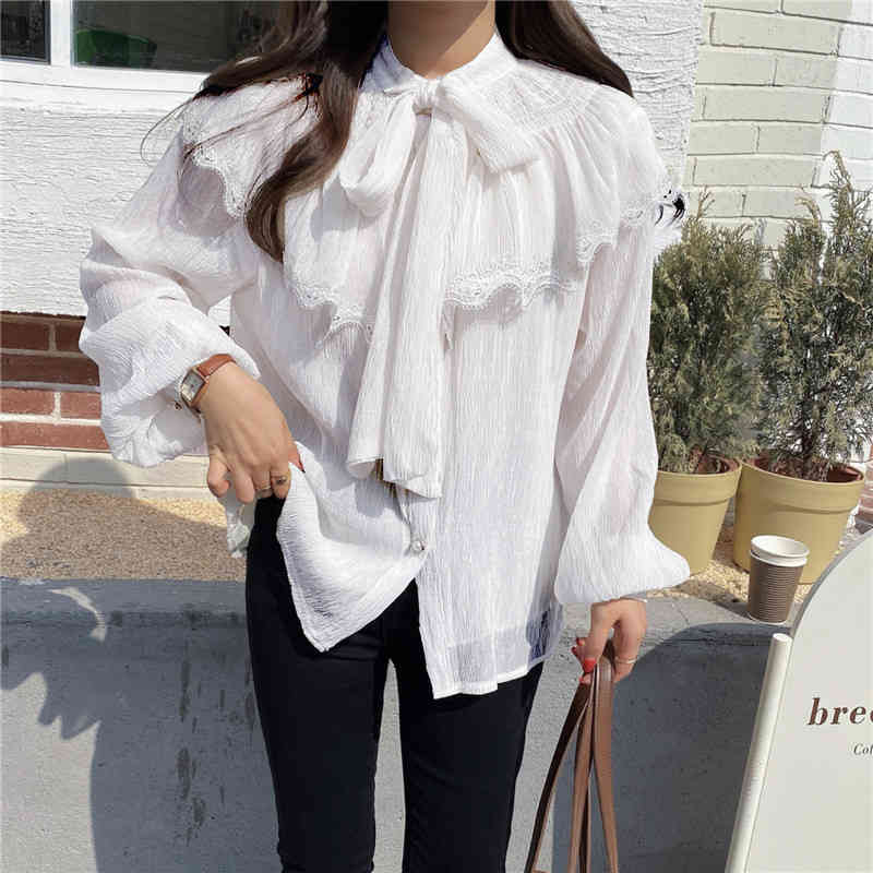QOERLIN Chic Temperament Lotus Sleeve Bowtie Long Sleeve Shirt Women Pleated Chiffon Shirt Tops Mesh Sexy See Through Tops Shirt 210412