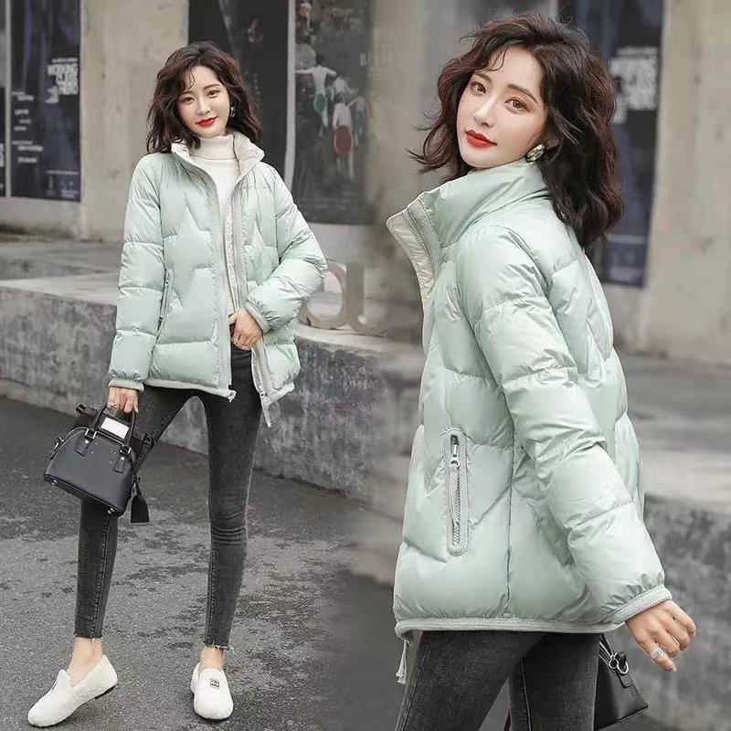 Women's Short Cotton-padded Jacket Shiny Cotton Down Padded Pocket Keep Warm Korean Style Loose Stand Collar Thick Coat 211013