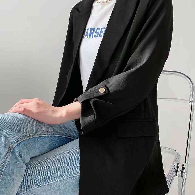 Elegant Women Solid Black Blazers Fashion Ladies Notched Collar Jacket Causal Female Chic Pocket Cardigans 210430