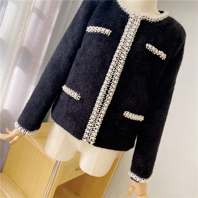 Autumnr Fashion design womens o-neck beading faux mohair wool warm lurex patchwork luxury slim waist coat jacket SML