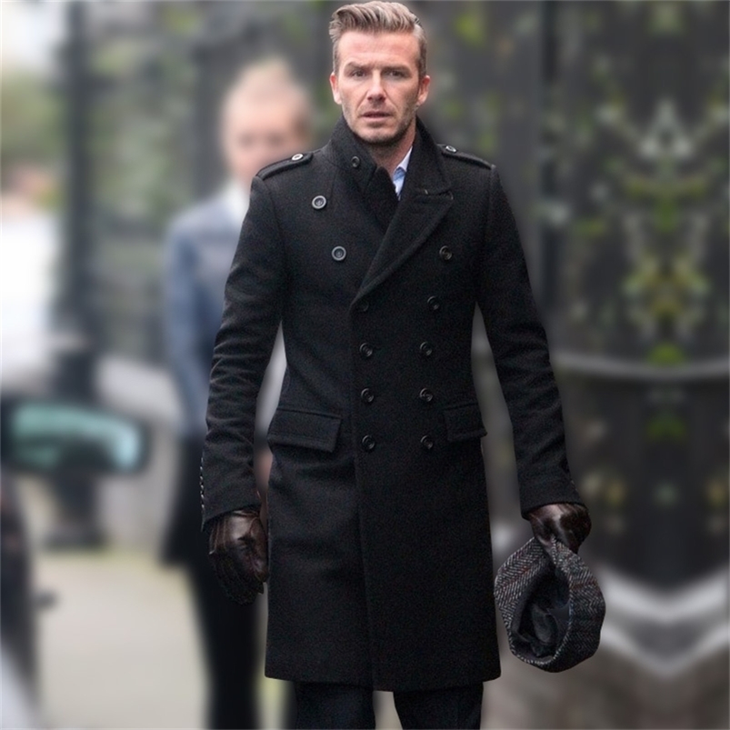Men's woolen coat jacket Beckham's same style autumn and winter mid-length slim black double-breasted woolen trench coat 211122 
Men's woolen coat jacket Beckham's same style autumn and winter mid-length slim black double-breasted woolen trench coat 211122