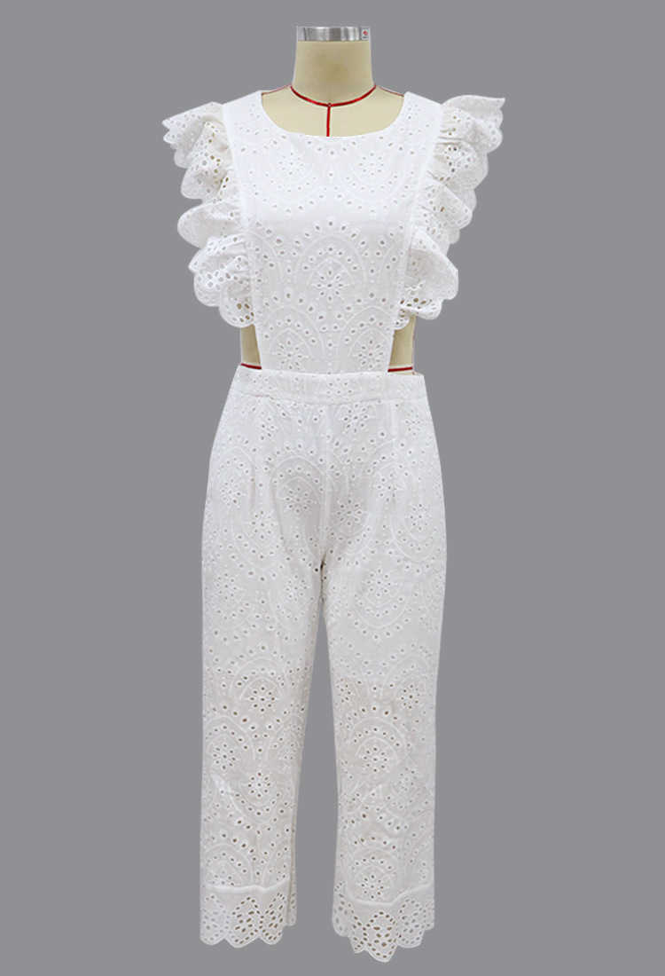 Women Jumpsuit Ruffles Hollow Out Vintage White Rompers Womens Plus Size Sexy Sleeveless Party 210524