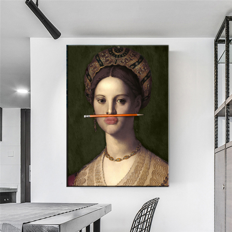 Classical European Oil Woman Canvas Fun Lips Pen Paintings Wall Abstract Landscape Wall Art Prints Posters Pictures Home Decor